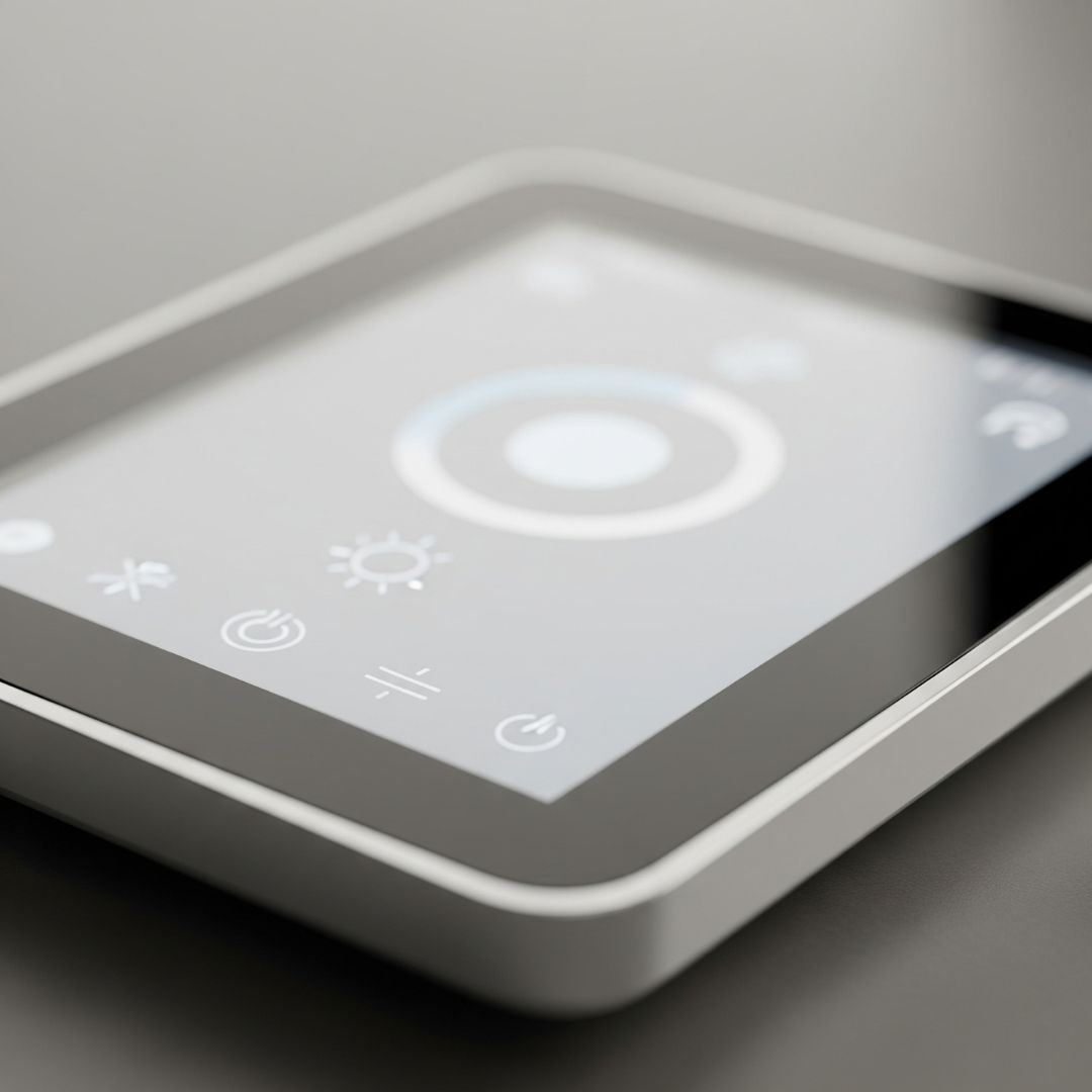 Close-up of a sleek smart thermostat display in a modern home.