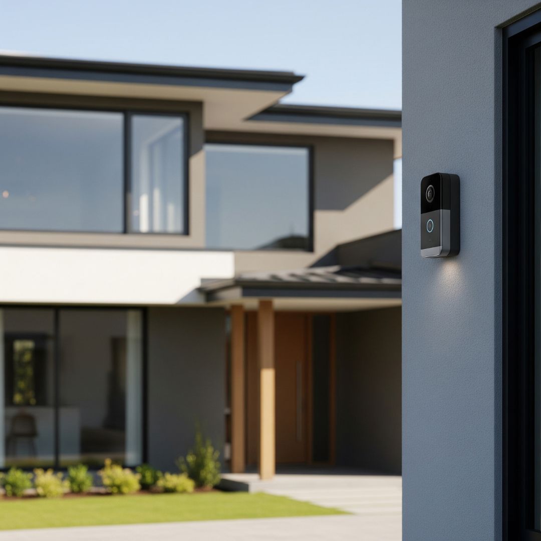 Smart security camera mounted on a modern home exterior near a doorway.