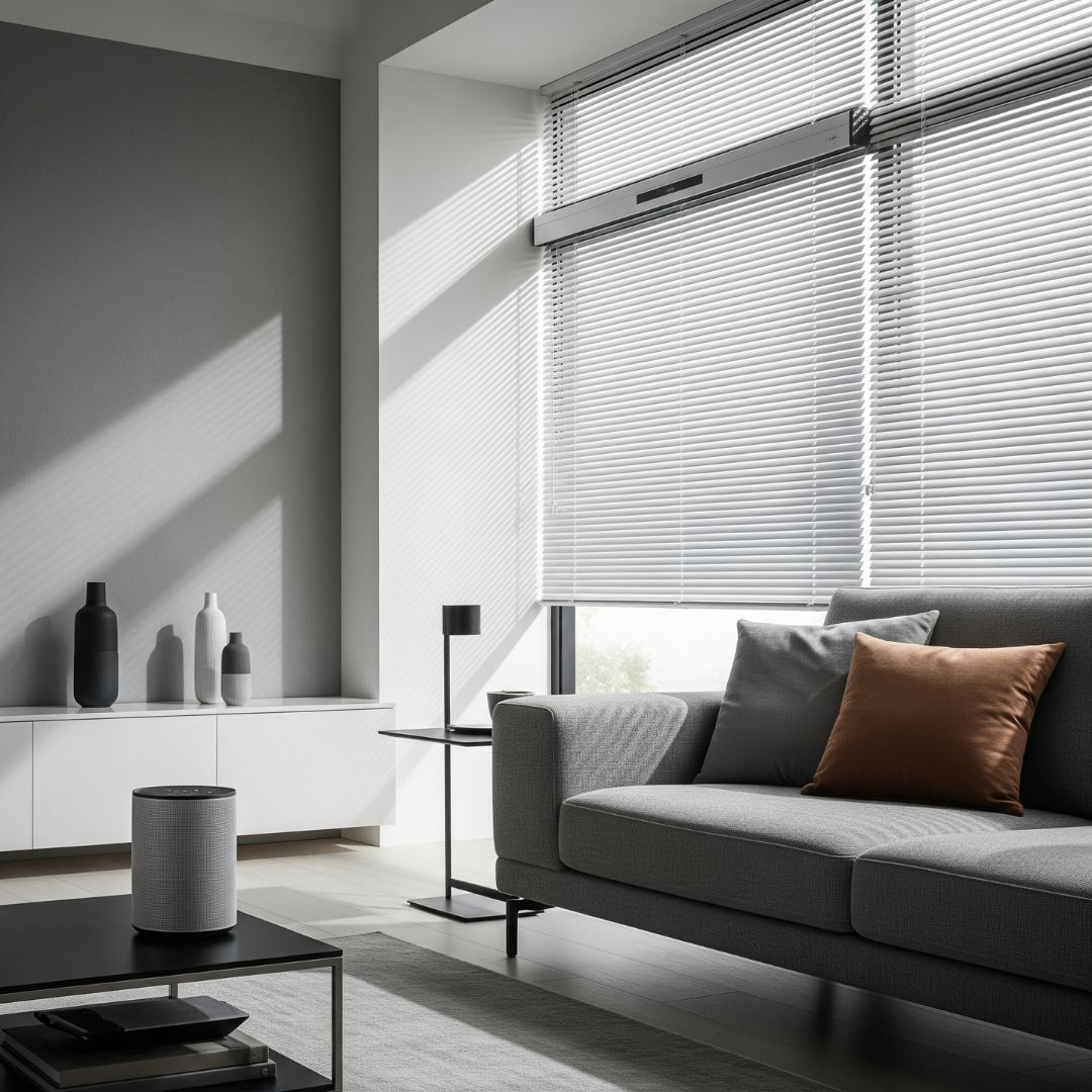 Contemporary living room with smart speaker and automated window blinds.