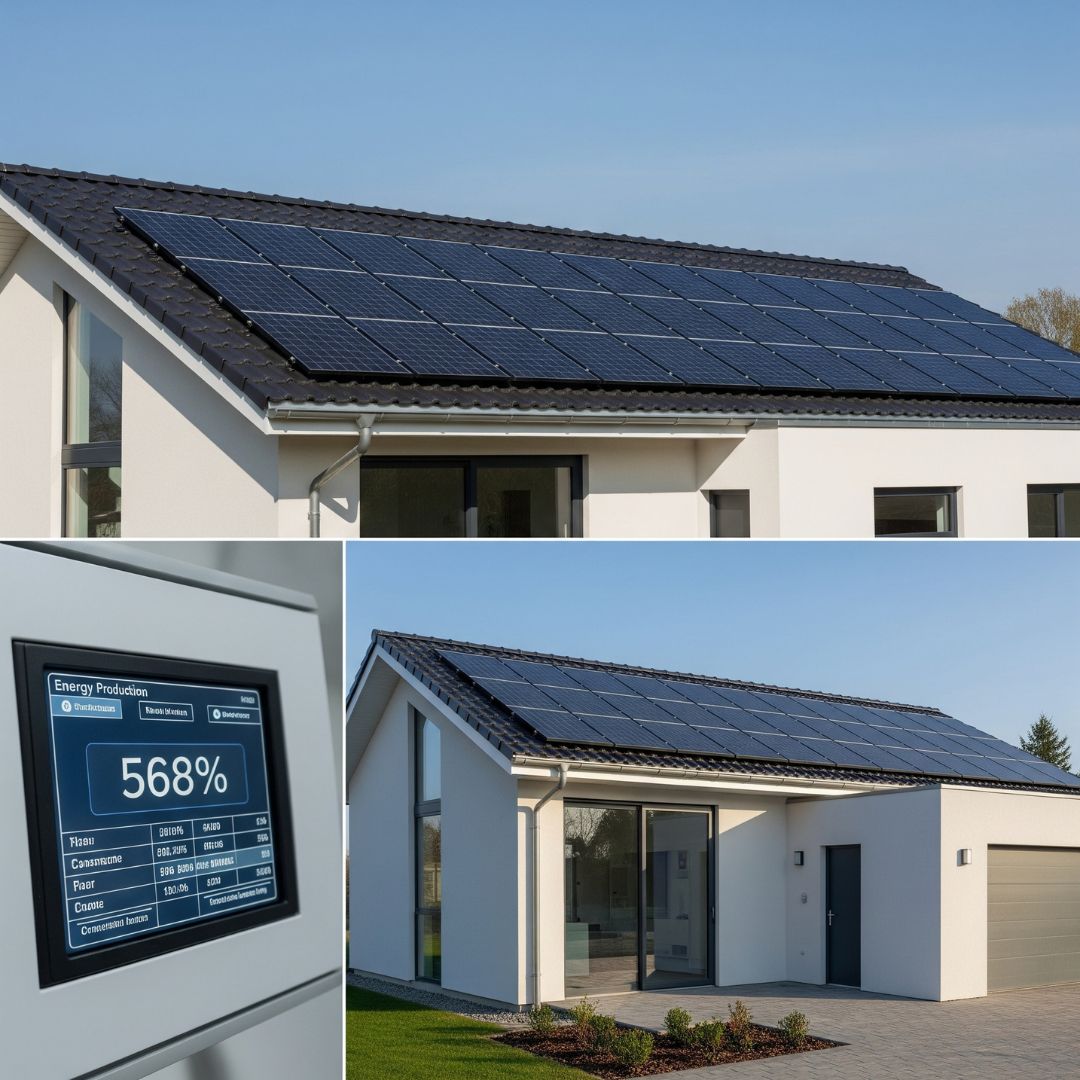Solar panels on a modern home roof and a digital energy monitoring display.