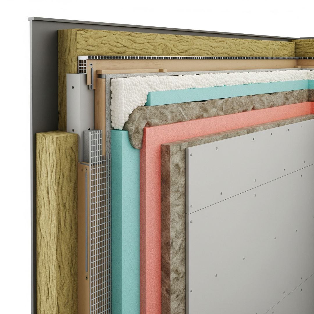 A detailed close-up of a wall cross-section, revealing multiple layers of modern insulation materials and a tight building envelope.