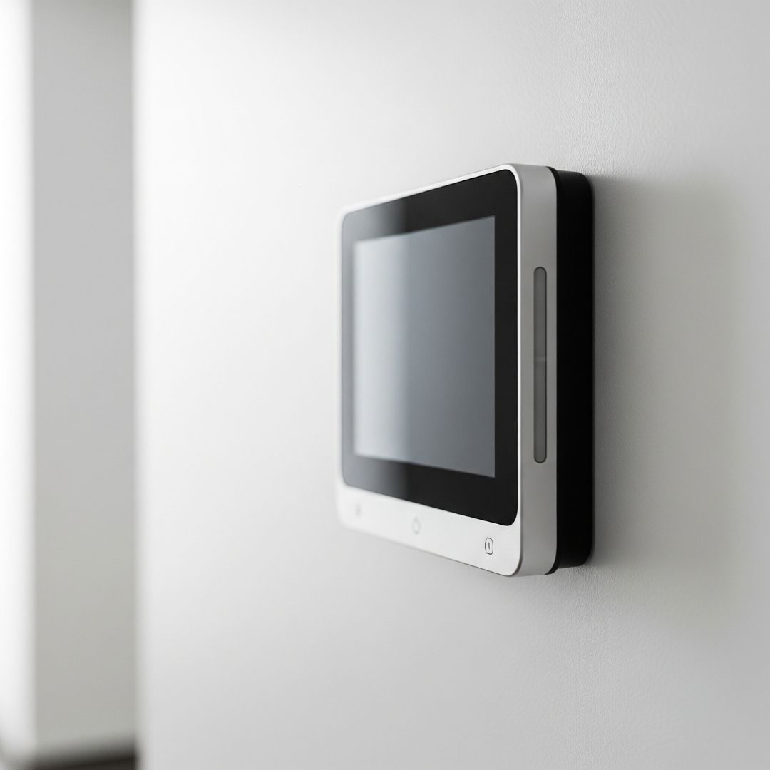 A simple, sleek smart thermostat mounted on a clean white wall in a modern home.