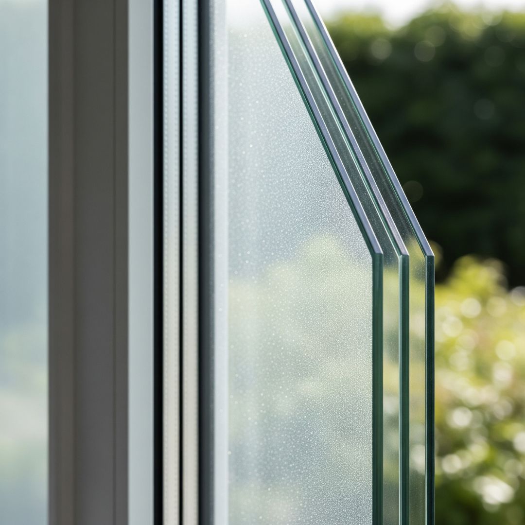 A close-up view of a modern, energy-efficient window showing multiple panes of glass with a visible low-emissivity coating