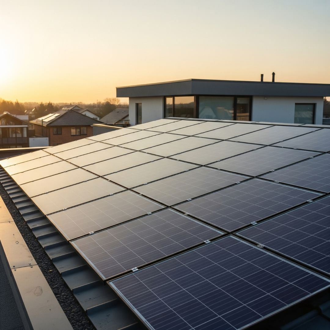 Solar panels neatly arranged on a modern residential rooftop at sunset, reflecting the warm glow of the sun.