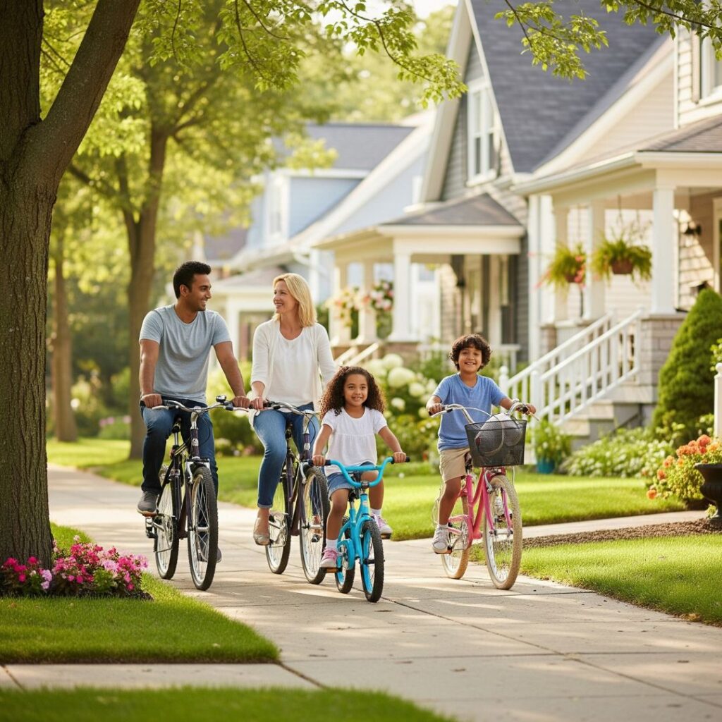Family enjoying an active lifestyle in a pleasant, tree-lined neighborhood.