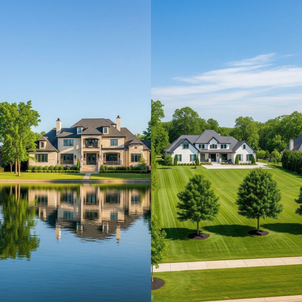 split screen of a lake house versus a house with large lawn