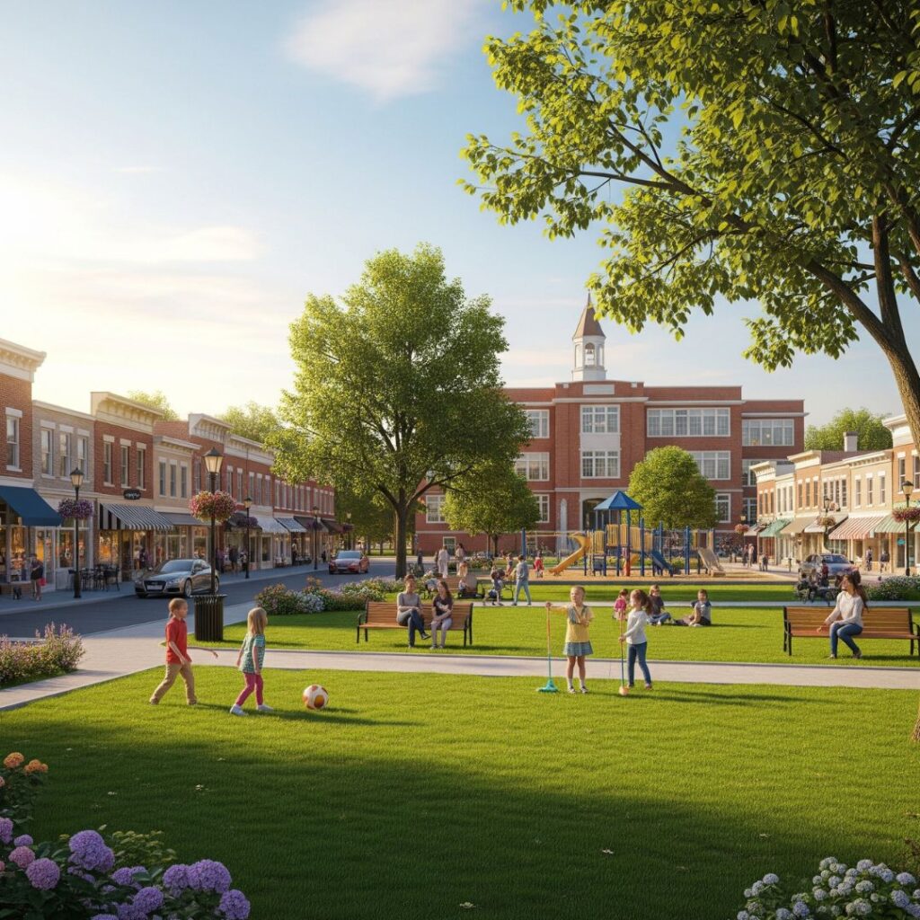 Charming town center with shops and a park, signifying community amenities.