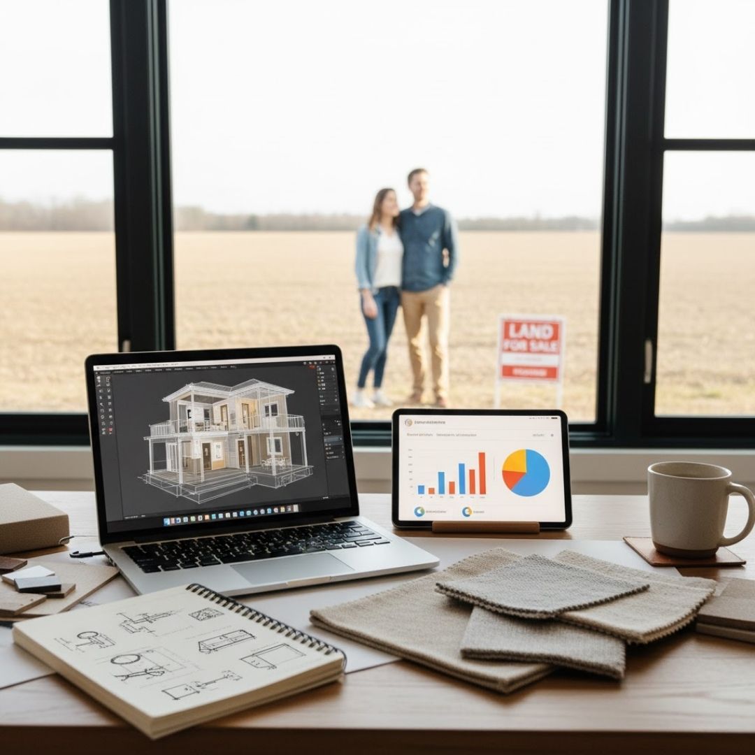 A clean, modern home office desk with architectural blueprints or 3D home design software displayed on a laptop screen