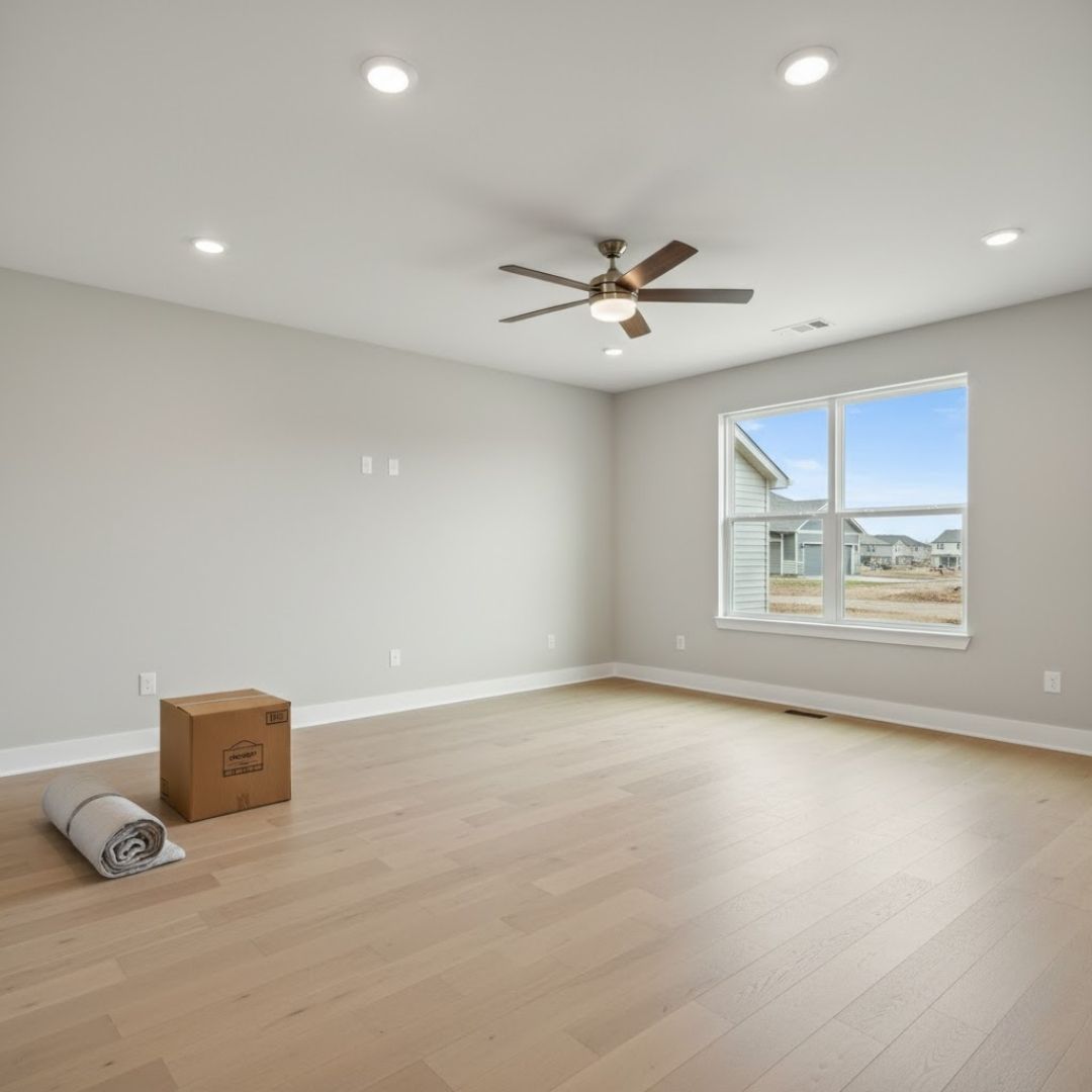 A spacious, unfurnished living room or open-concept kitchen/dining area of a newly built house