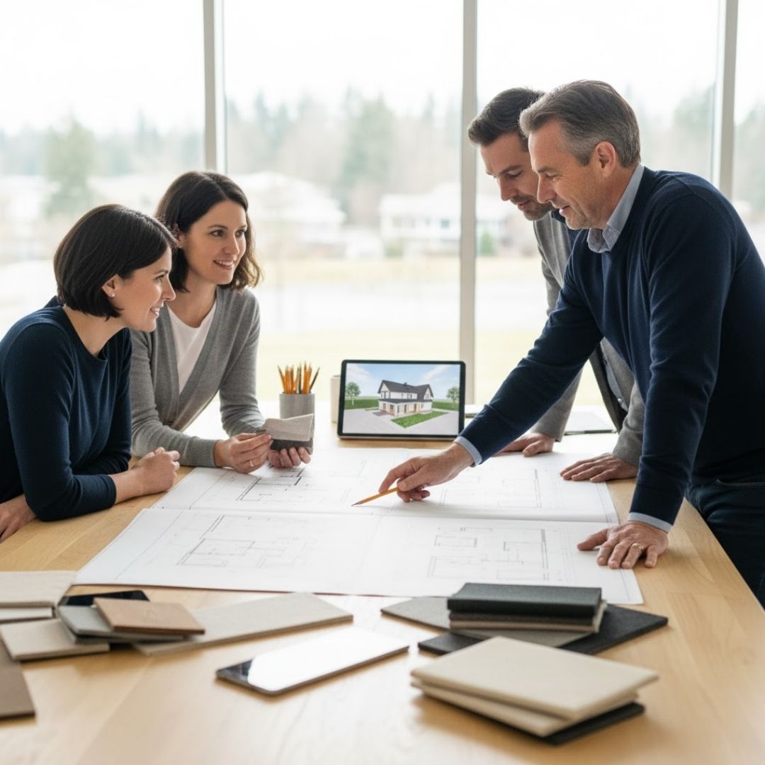 a couple and a builder or architect gathered around a table, looking at large architectural drawings