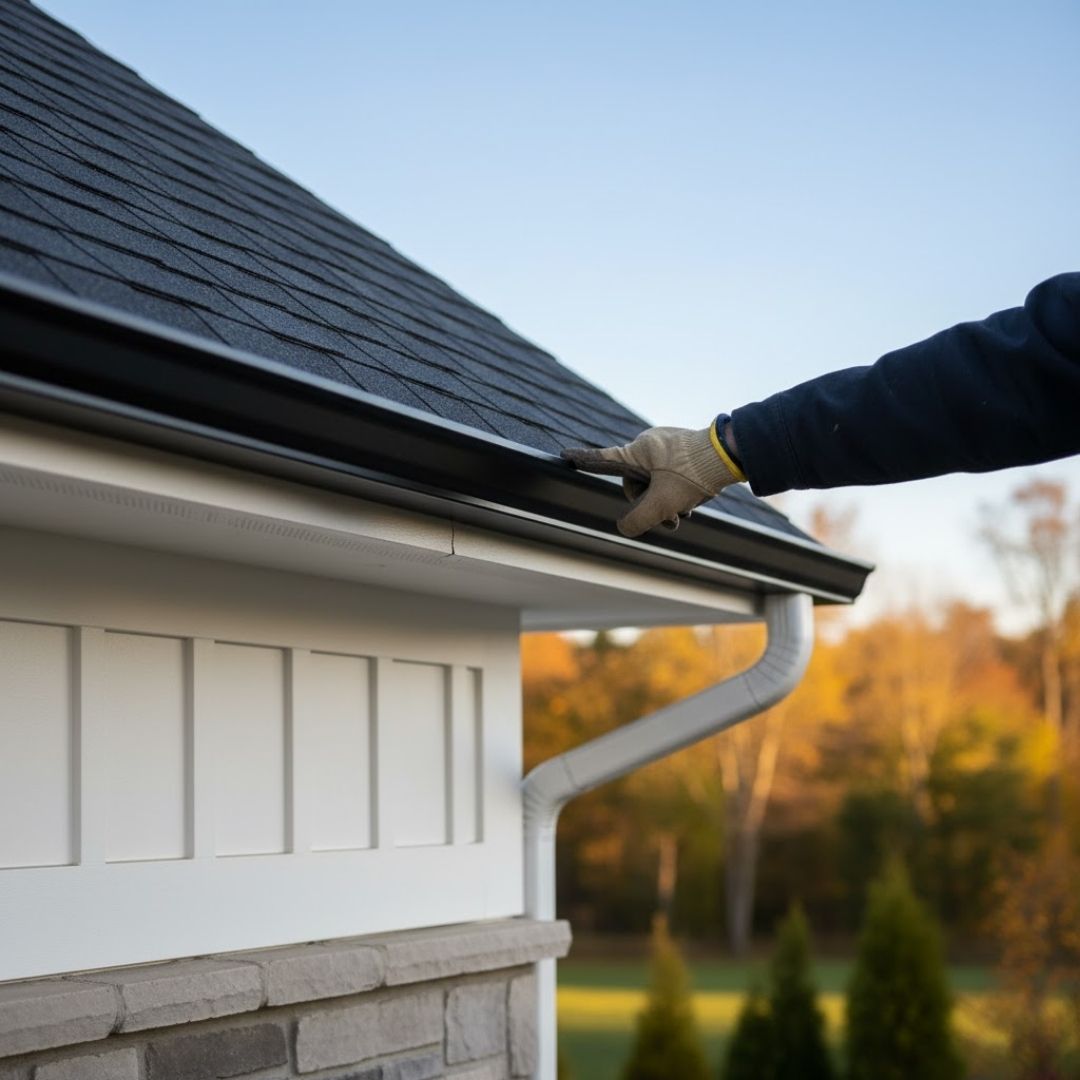 a well-maintained roof edge with clean gutters and downspouts, against a clear sky