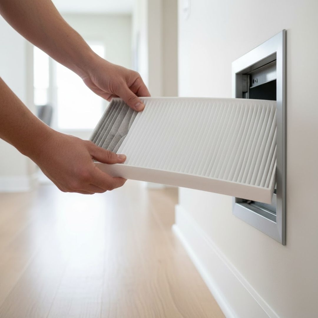 A person's hand is shown changing an HVAC air filter, which is partially pulled out of a vent