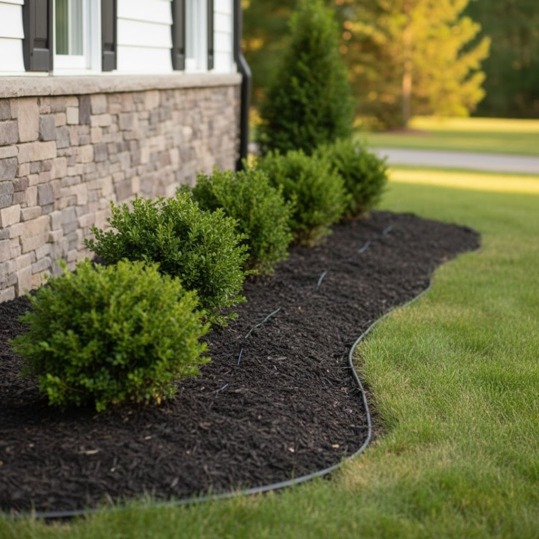 a well-maintained garden bed next to a house's foundation, with a subtle slope visible