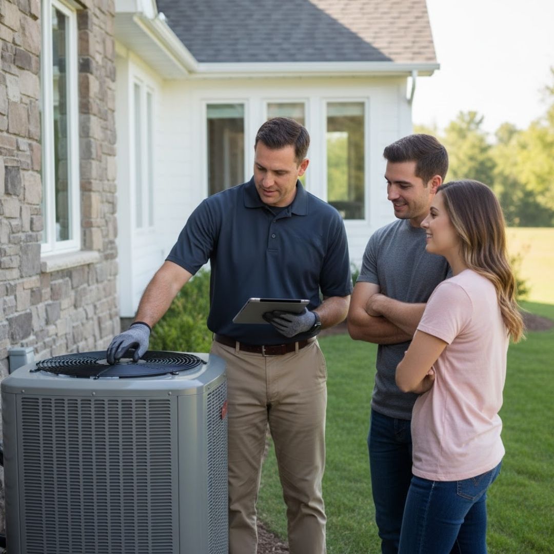 A professional home inspector or technician is shown with a clipboard or tablet, examining an outdoor HVAC unit or an electrical panel on the side of a custom home