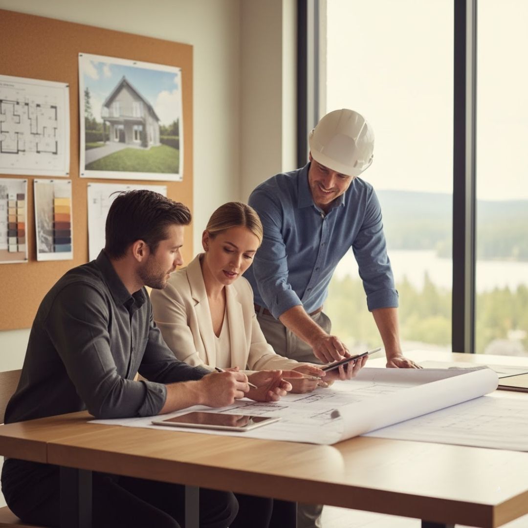 A group of three professionals, two architects and one construction manager in a hard hat, reviewing blueprints and discussing plans in a modern office with large windows