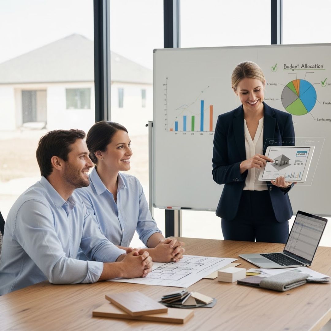 A couple smiling and looking at a female professional presenting a budget allocation chart and a digital home design on a transparent tablet