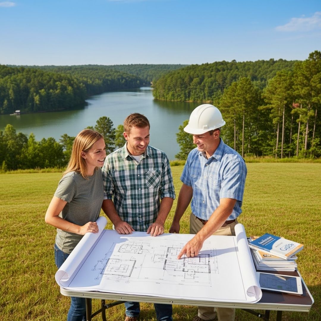 a couple and a contractor discussing plans on a property in front of a lake