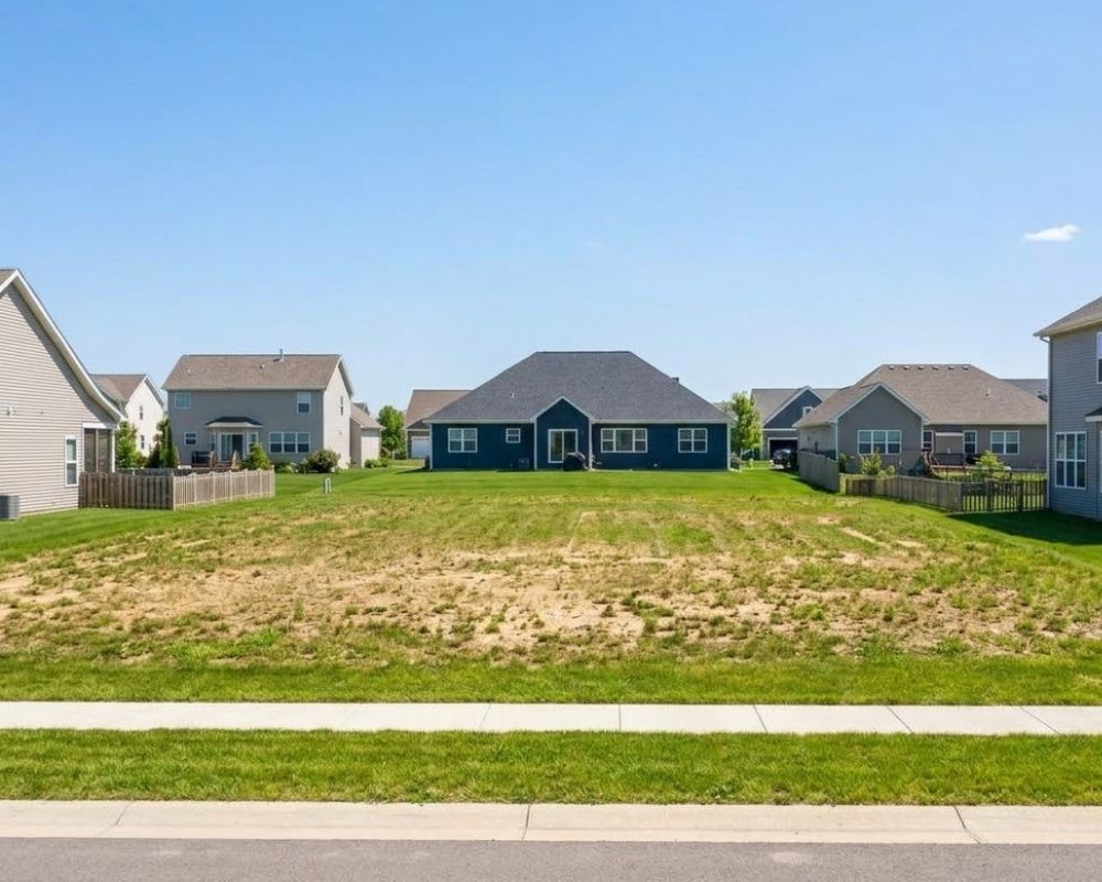 A square photograph shows an empty residential lot situated within a desirable, well-kept suburban neighborhood.
