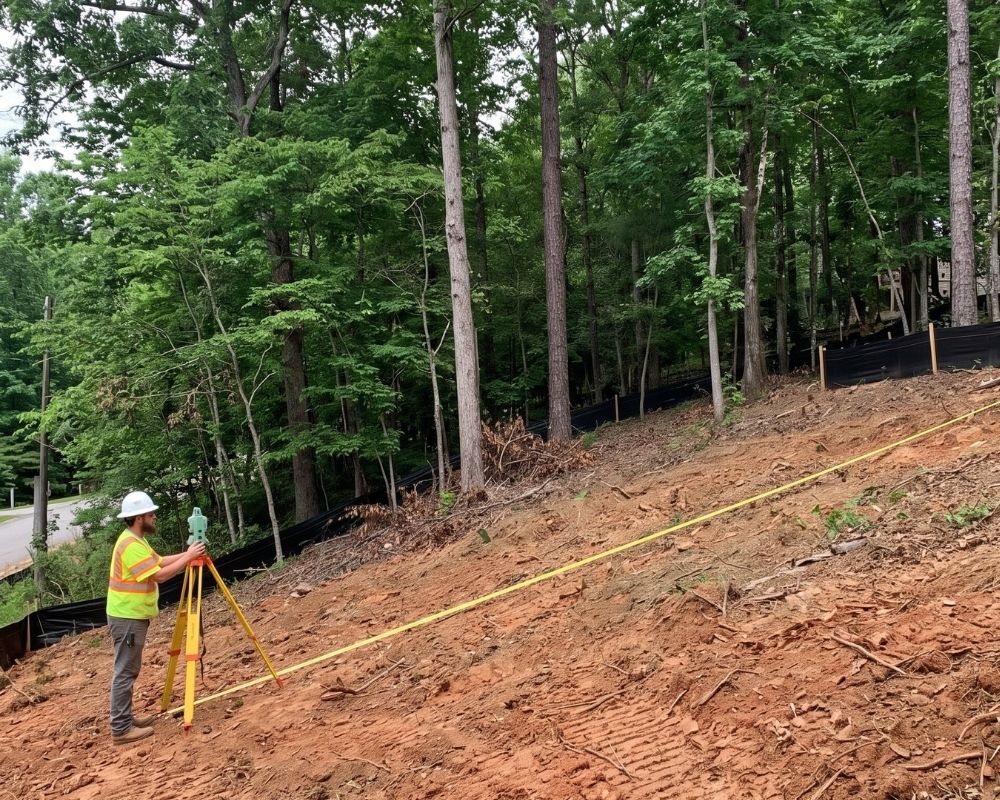 A professional surveyor uses equipment to measure a sloped, tree-covered lot, evaluating the topography for custom home construction.