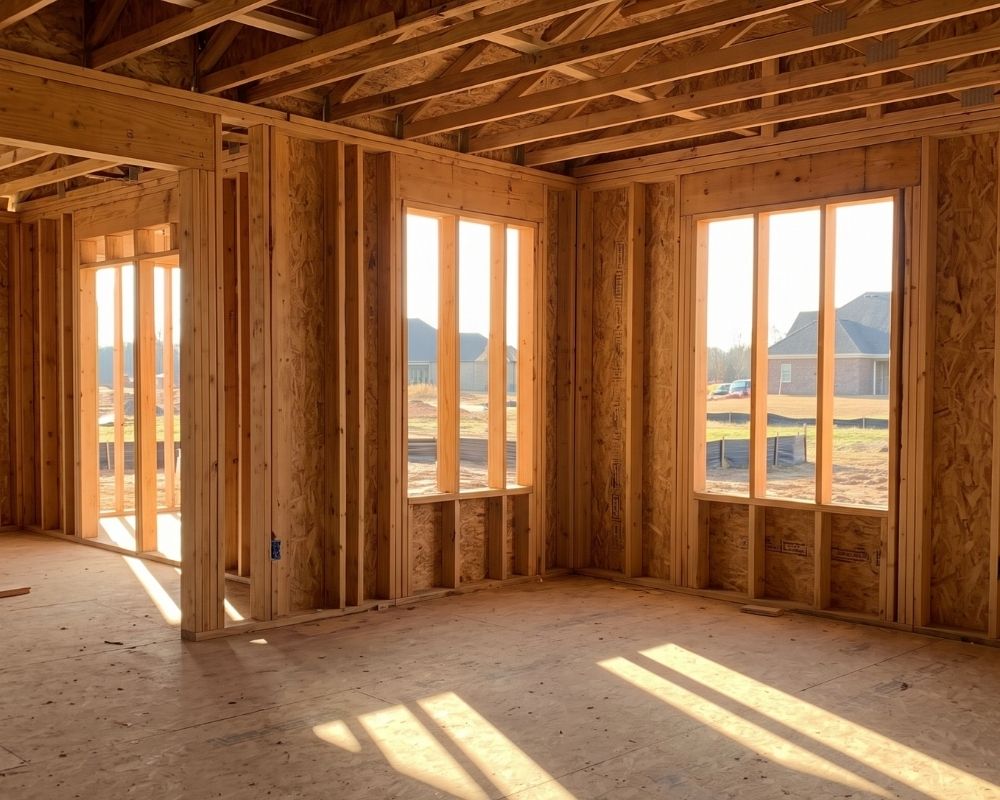 Warm afternoon sunlight streams through the stud walls and window openings of a custom home currently under construction.