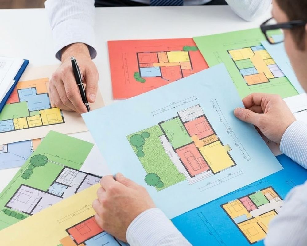 A design professional analyzes a detailed array of diverse residential blueprints spread across a clean work surface.